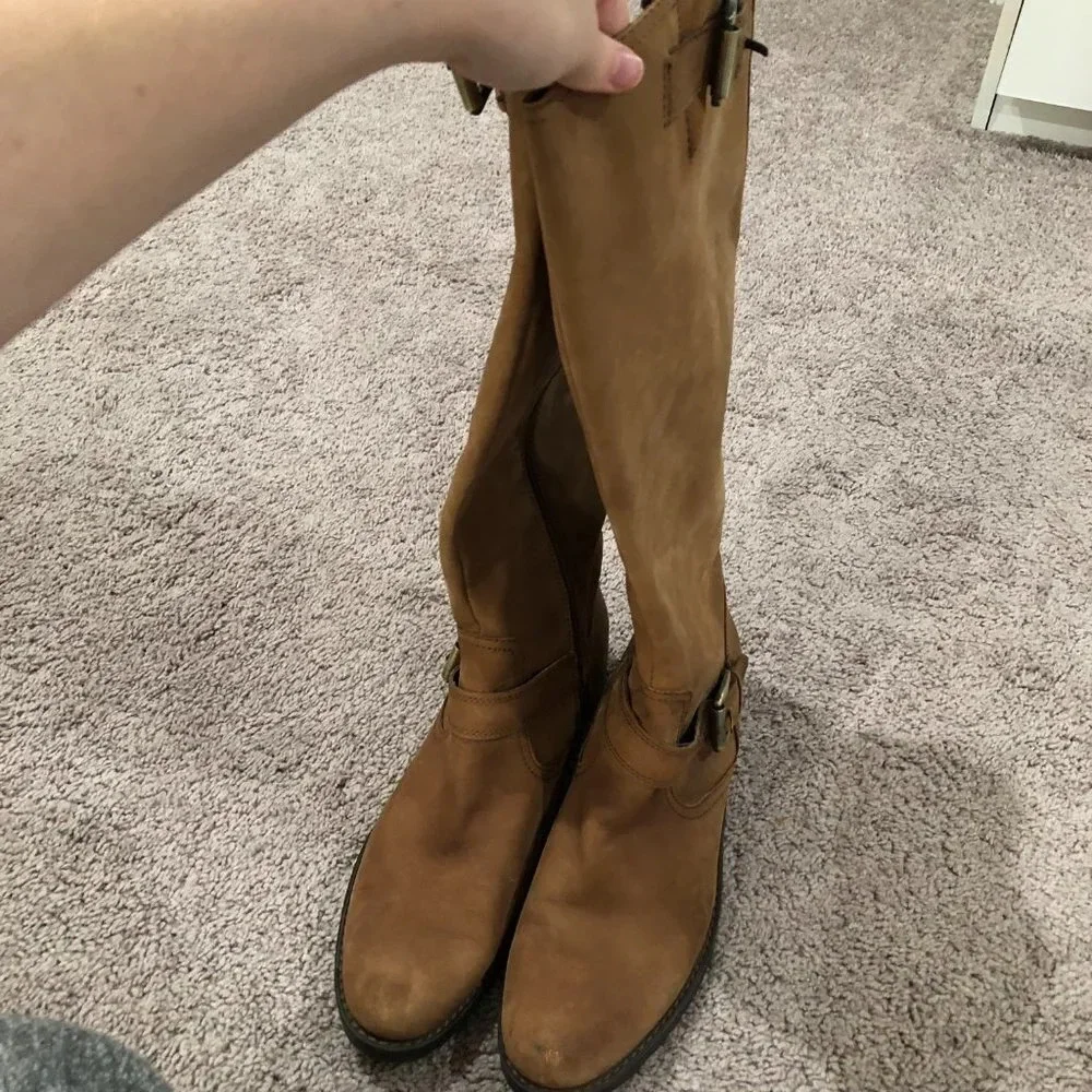 Eddie Bauer Tan Nubuck Leather Tall Riding Boots with Buckle and Lug Sole